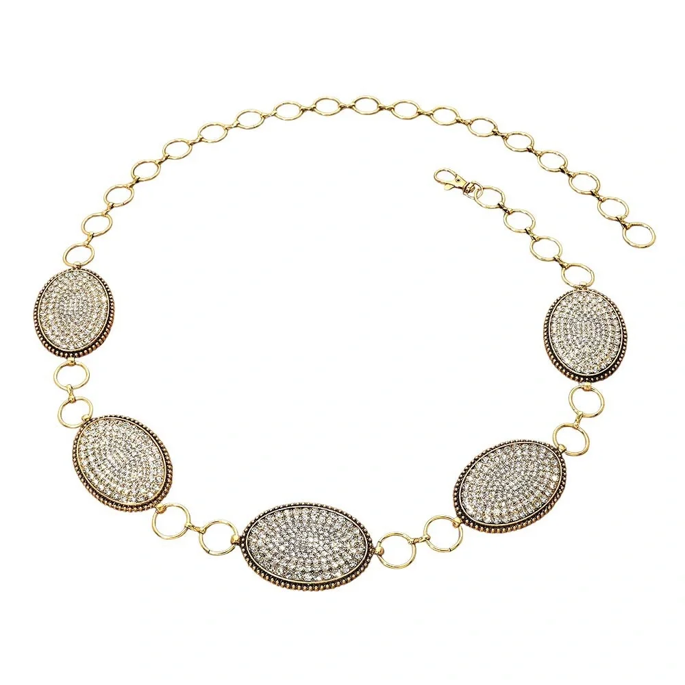 Gold Rhinestone Paved Concho Chain Statement Belt